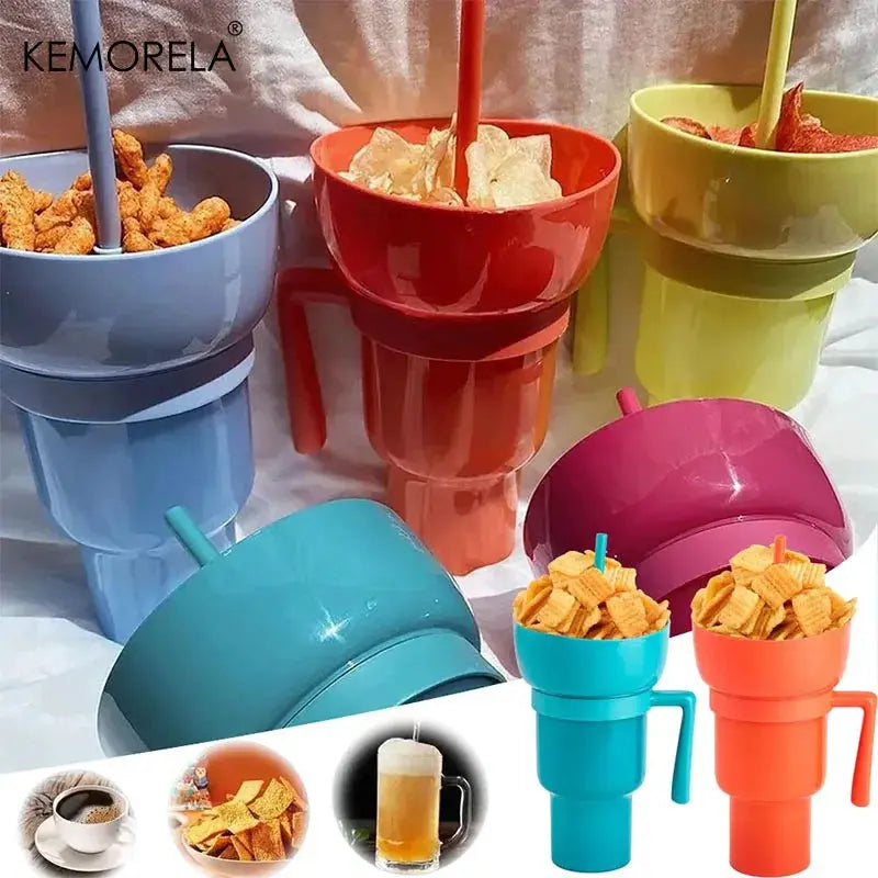 2 In 1 Popcorn Snack Cup With Integrated Beverage Cup And Handle Portable Novel Design For Movies And Parties