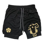 Men's black quick-dry running shorts with gold logos and adjustable drawstring