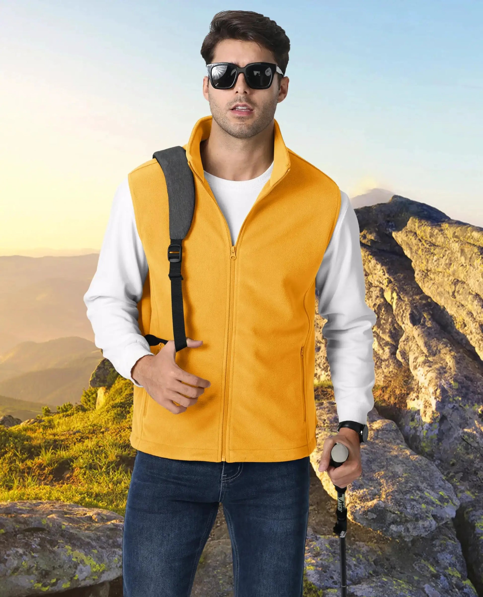 Simples Market TACVASEN fleece vest in yellow, sleeveless stand-collar men's outdoor waistcoat for hiking