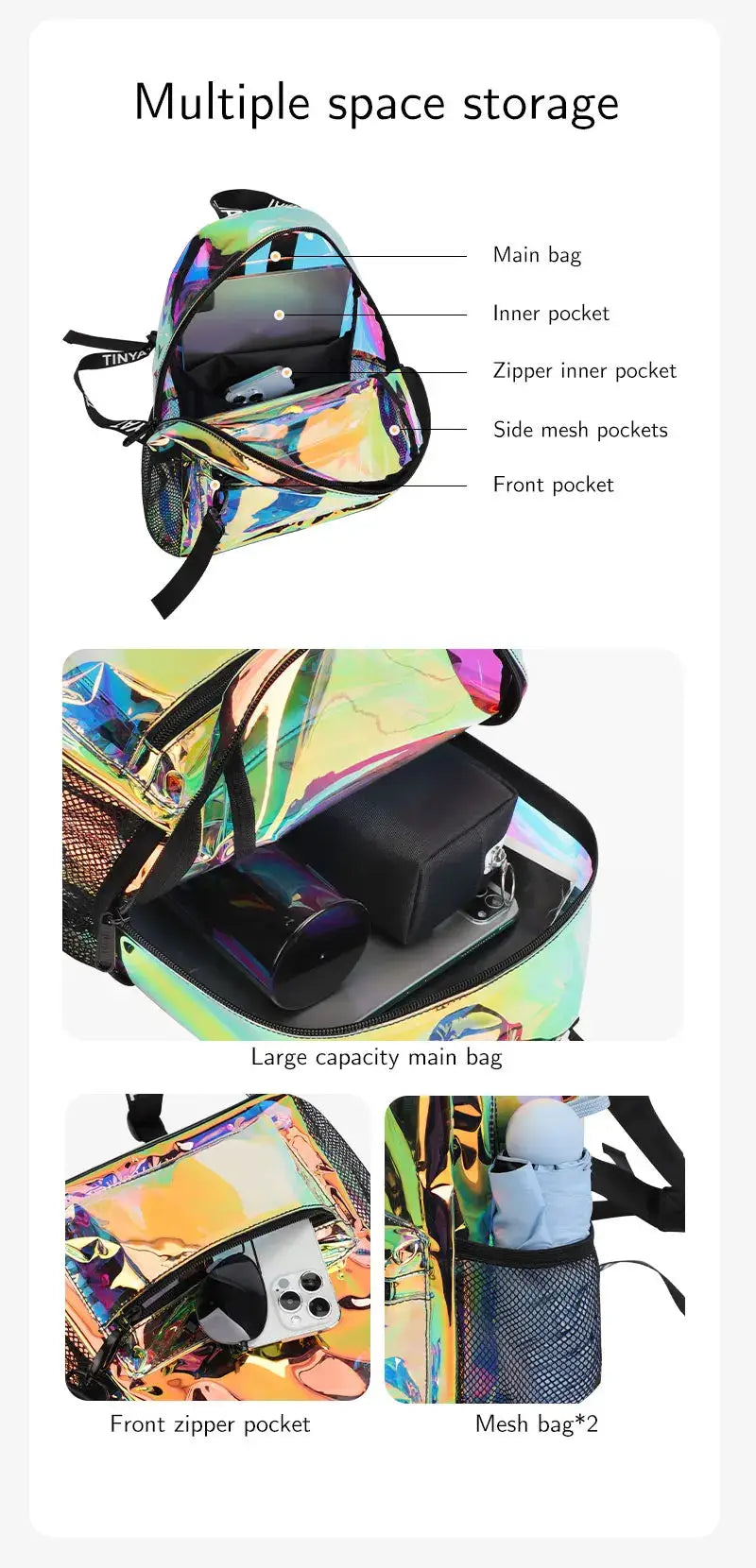 TINYAT PVC clear backpack for women by Simples Market, iridescent rainbow finish with large main bag