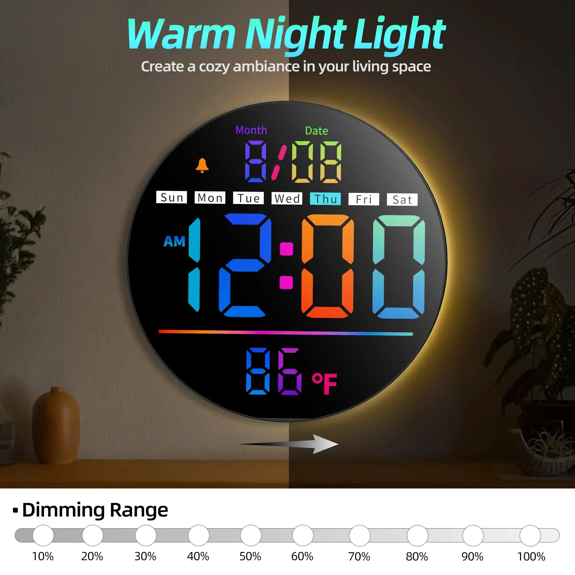 8-inch LED wall clock with timer, date, temperature, RGB color display, night light, alarm, and 5-level brightness.