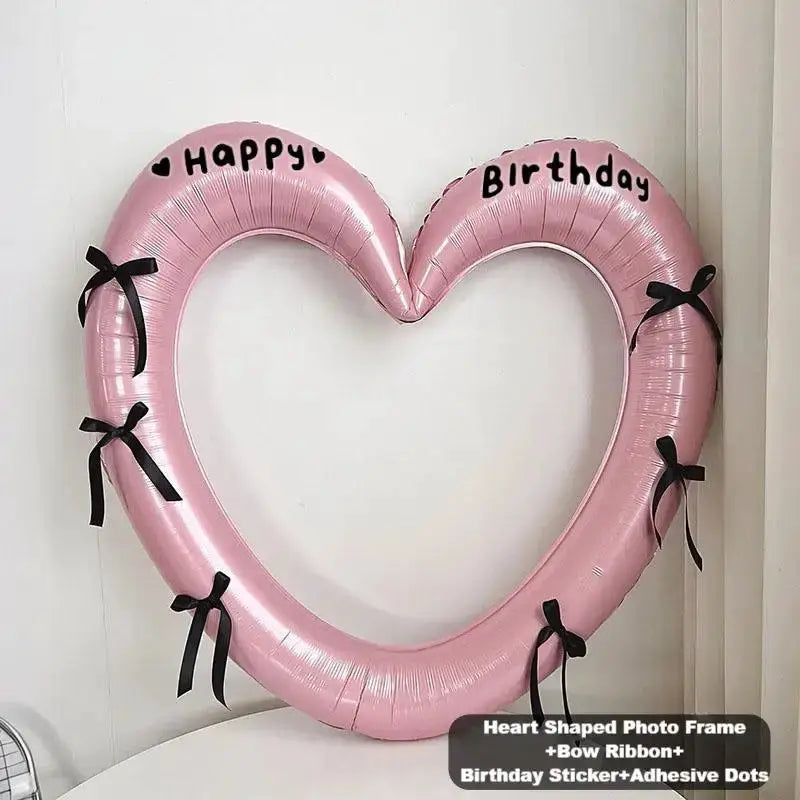 Happy Birthday Heart Photo Frame Balloon With Bowknot Stickers Photo Props For Party And Wedding Decoration