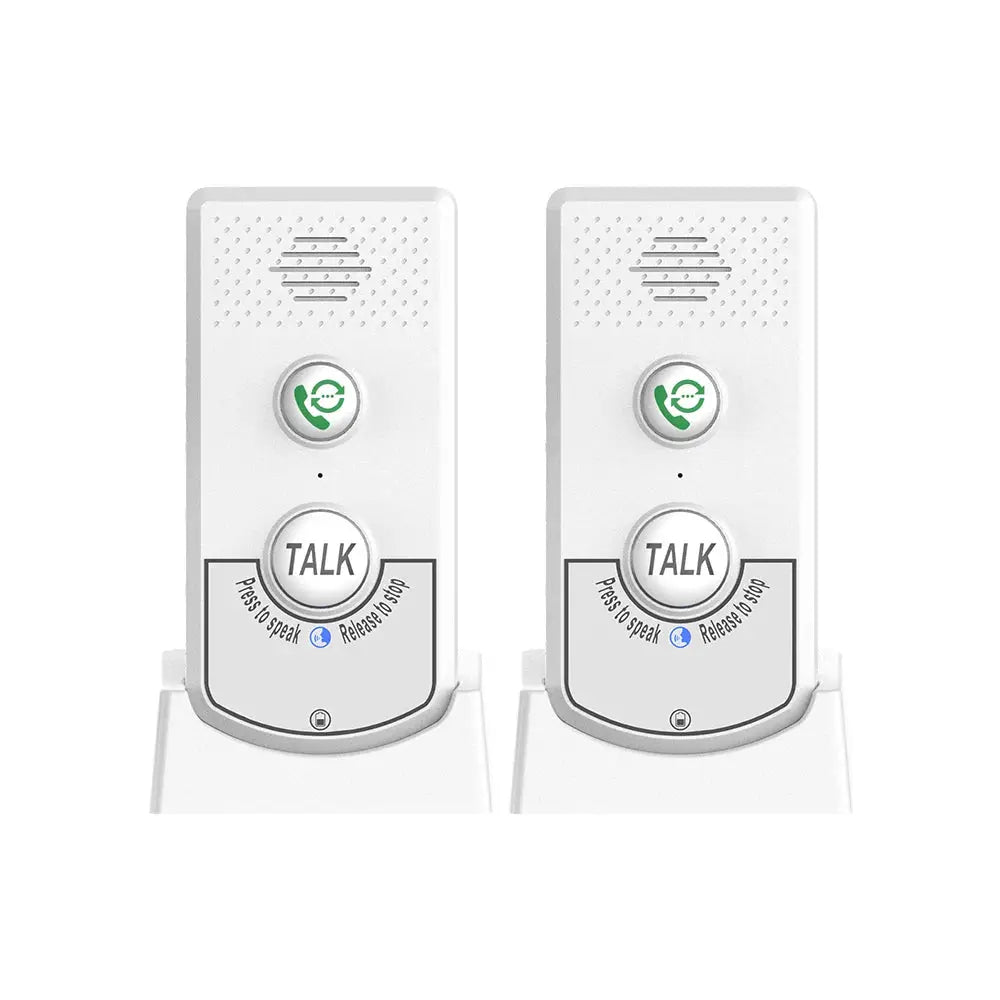 2-pack H8-2T wireless home intercoms in white with TALK button, green phone icon, and cradle bases for home use