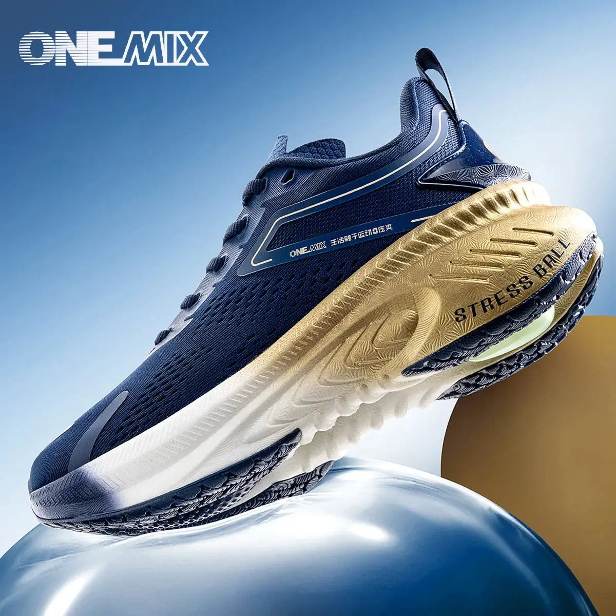 ONEMIX navy blue mesh running shoes with breathable upper and beige cushioned sole