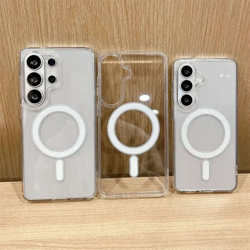 Set of 3 clear MagSafe phone cases with circular magnetic ring grip for Samsung Galaxy S-series.
