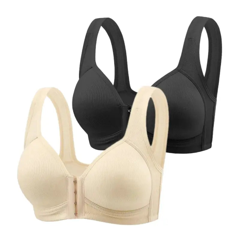 Fallsweet seamless front-closure bra for women, wire-free full-coverage, beige and black, 2-pack by Simples Market.