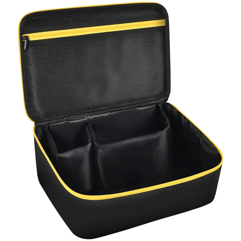 Storage bag for DEWALT 20V MAX tool, black carrying organizer with yellow zipper trim and inner dividers