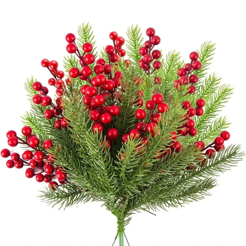 Artificial pine branch bouquet with red berries, 10 pcs, Simples Market Christmas decoration