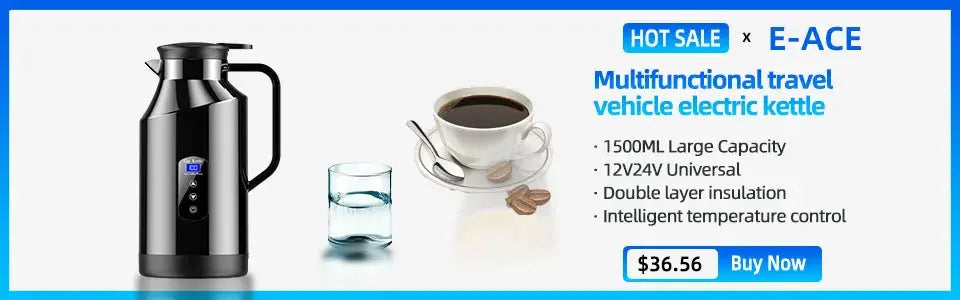Electric travel kettle E-ACE, black stainless steel, 1500ml capacity