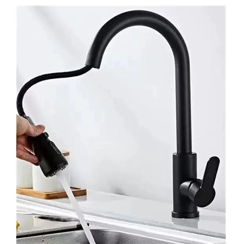 Kitchen faucet with black matte finish and pull-out spray head; single-hole mount.