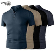 Men's polo shirt set, 5-pack, breathable solid-color tops in blue, beige, tan, black, and navy, YZQ logo visible