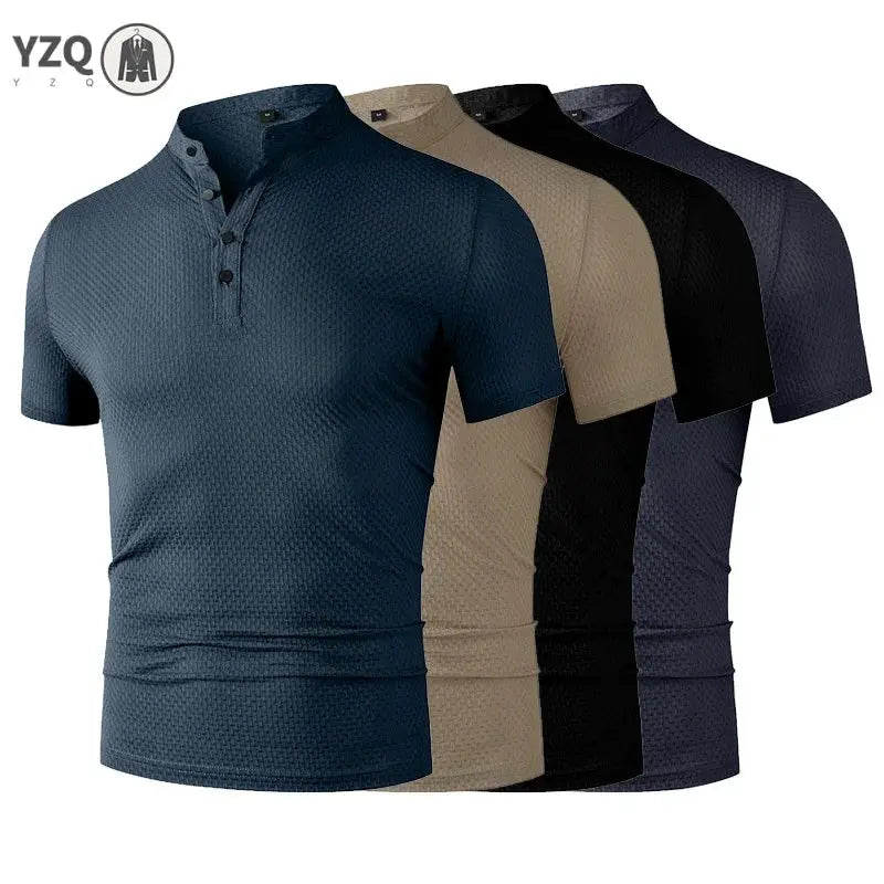 Men's polo shirt set, 5-pack, breathable solid-color tops in blue, beige, tan, black, and navy, YZQ logo visible