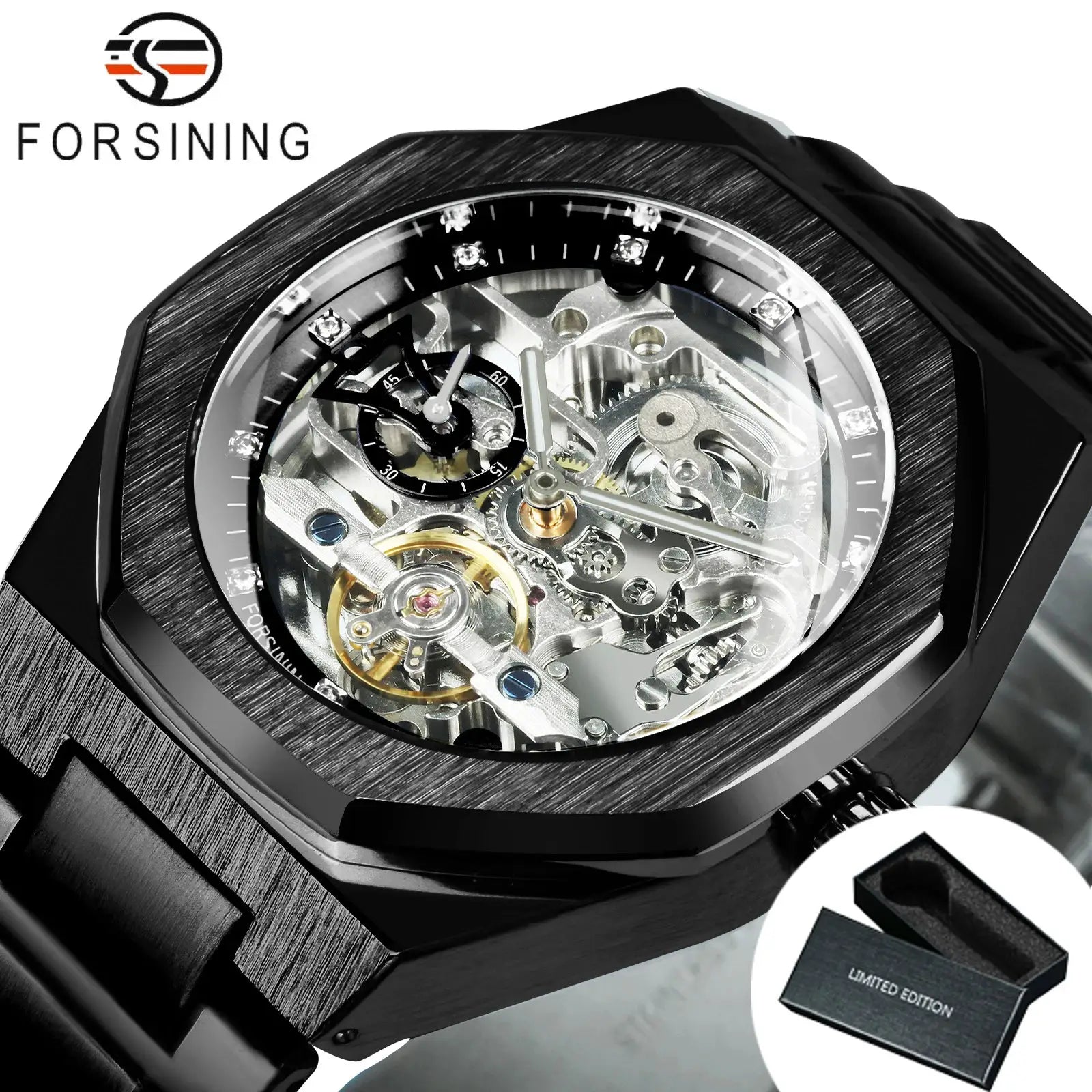 Forsining skeleton automatic men's watch with luminous hands, stainless steel strap, limited edition by Simples Market