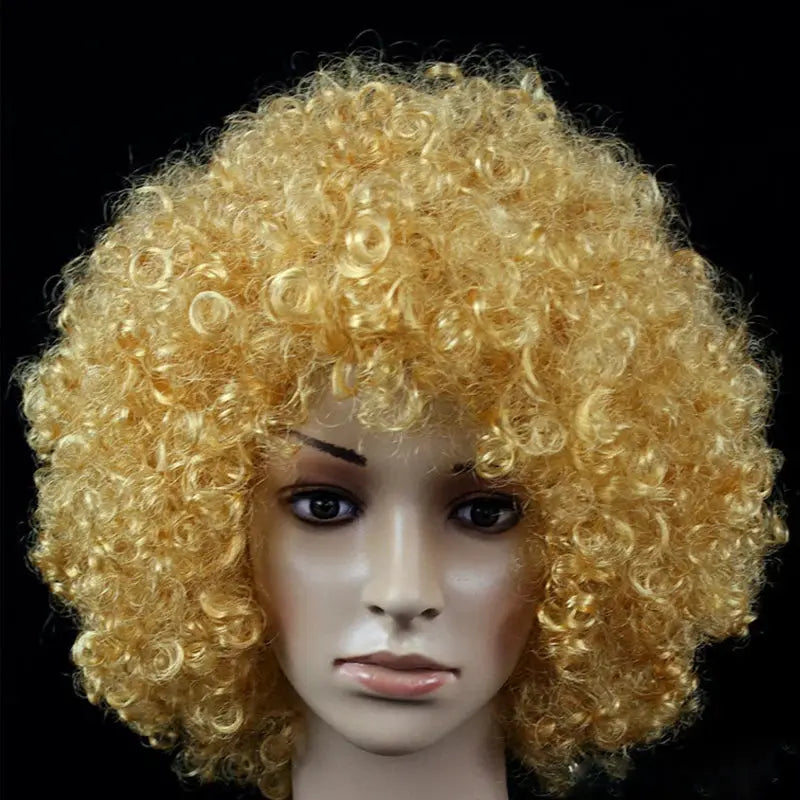Womens curly cosplay wig, short golden blonde afro-style synthetic hair