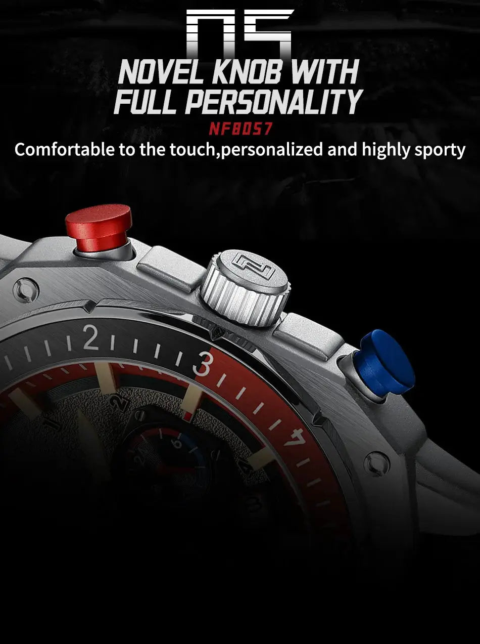 NAVIFORCE men's multifunction waterproof sport watch with red and blue pushers and stainless steel case