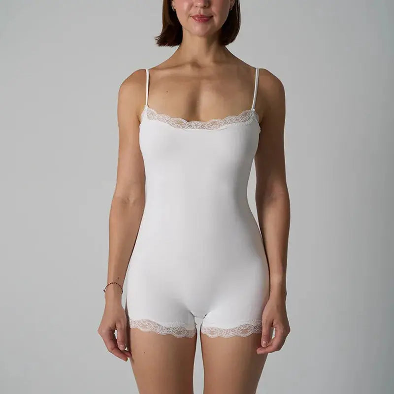 LaceLine Lace Patchwork Bodysuit Camisole With Square Neck Spaghetti Straps For Slimming Shaping And Sleek Silhouette
