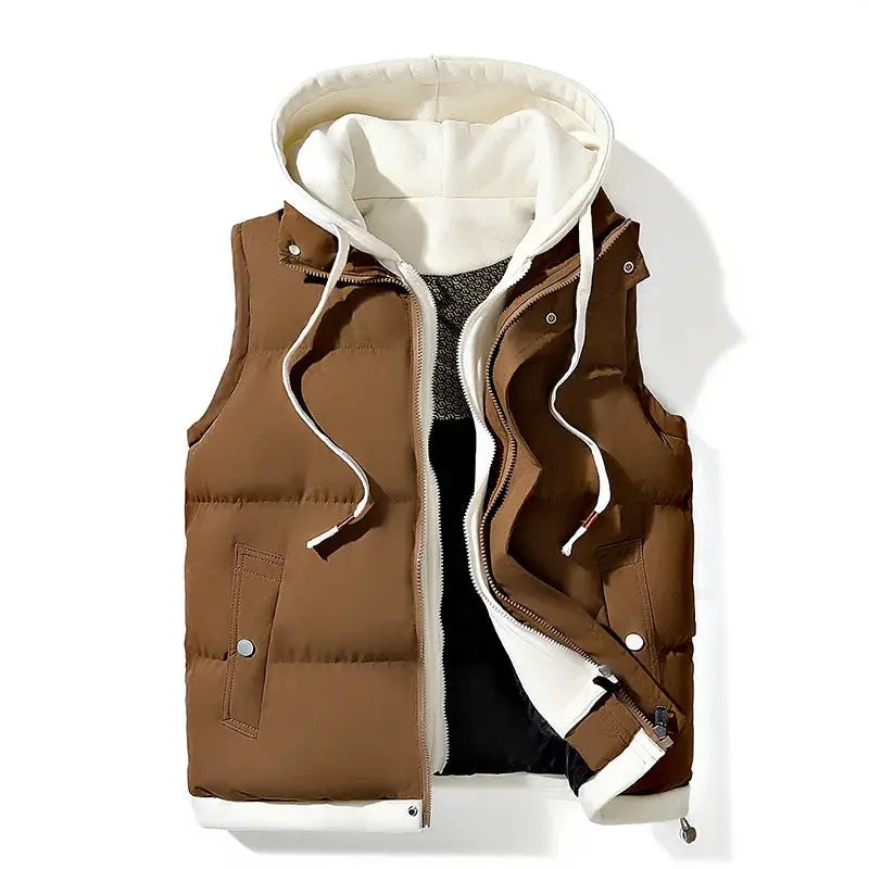 Men's brown hooded puffer vest with white hood lining, sleeveless with zip front pockets