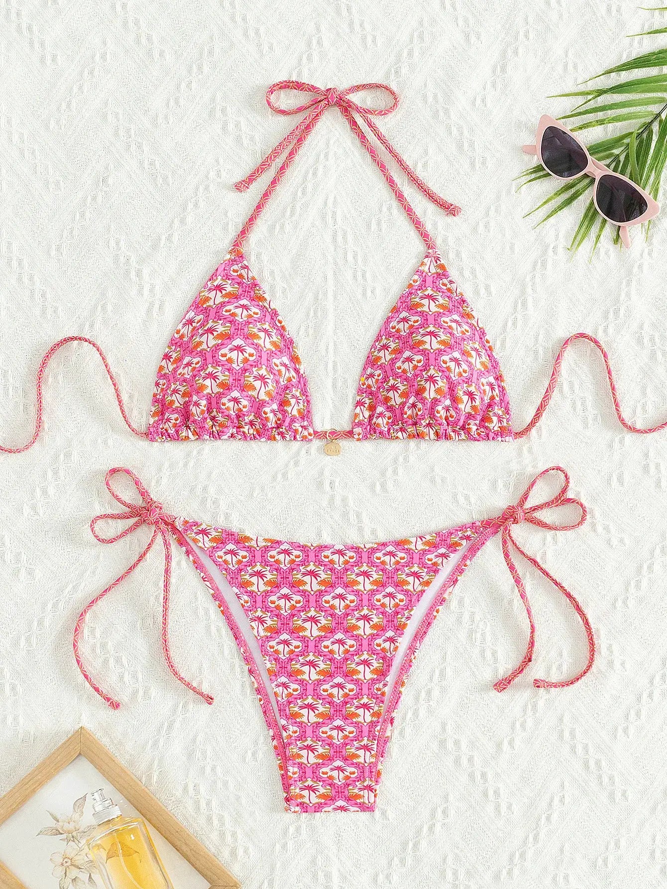 Simples Market pink floral triangle bikini set with push-up top and Brazilian bottoms with string ties