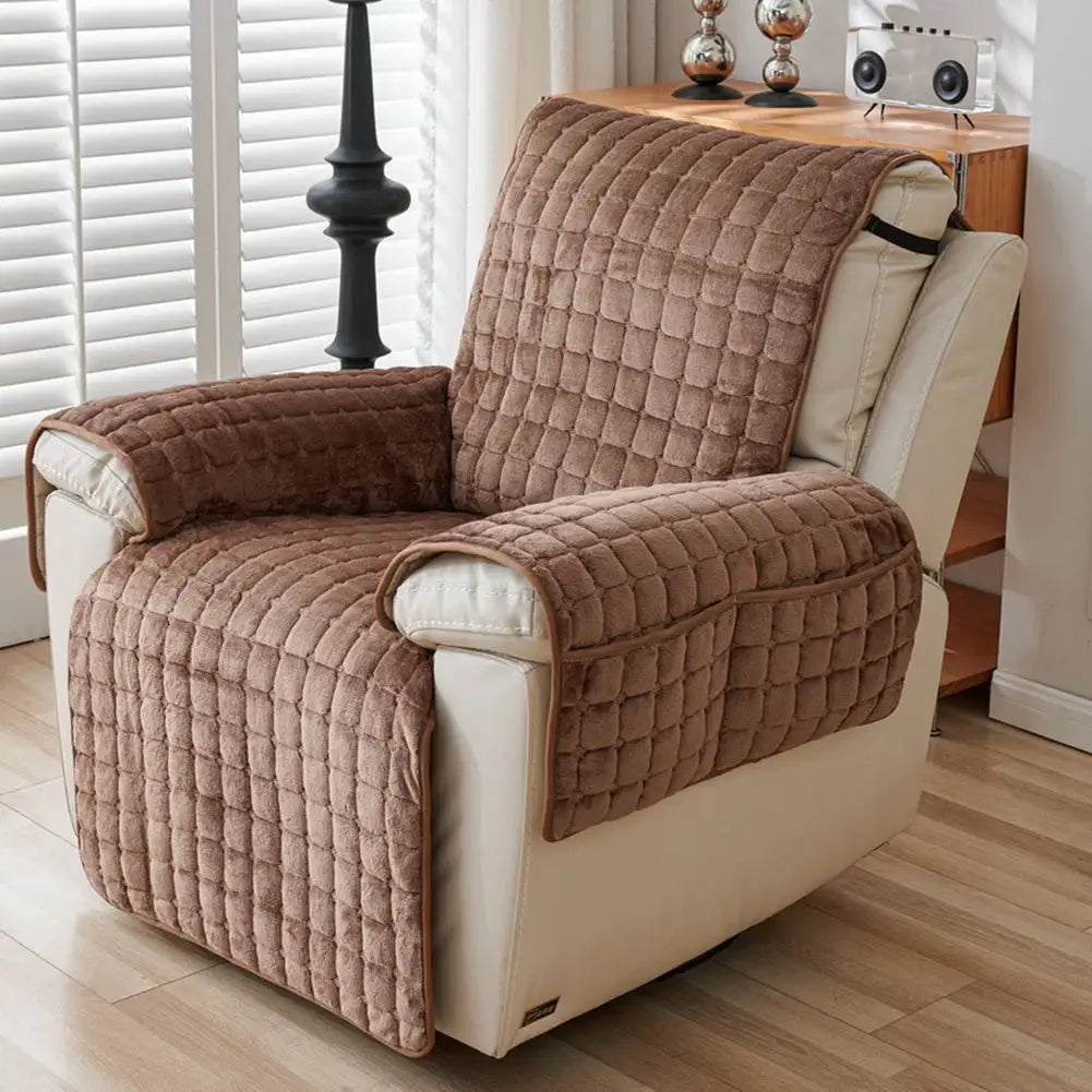 Brown plush quilted recliner sofa protector with armrest covers for a beige fabric chair; non-slip wear-resistant cover