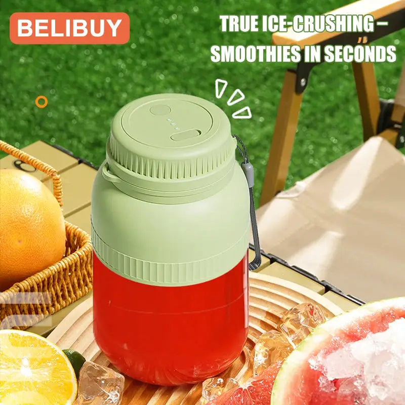 BELIBUY portable electric juicer cup with green lid and red body, 500/1300ml capacity, USB blender with 6 blades