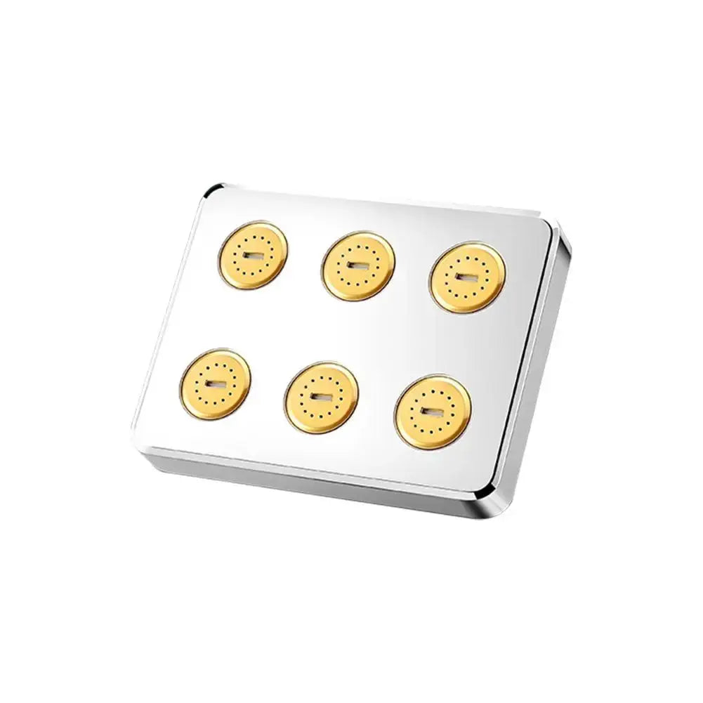 Chrome shower head panel with six gold circular spray discs for 360° coverage