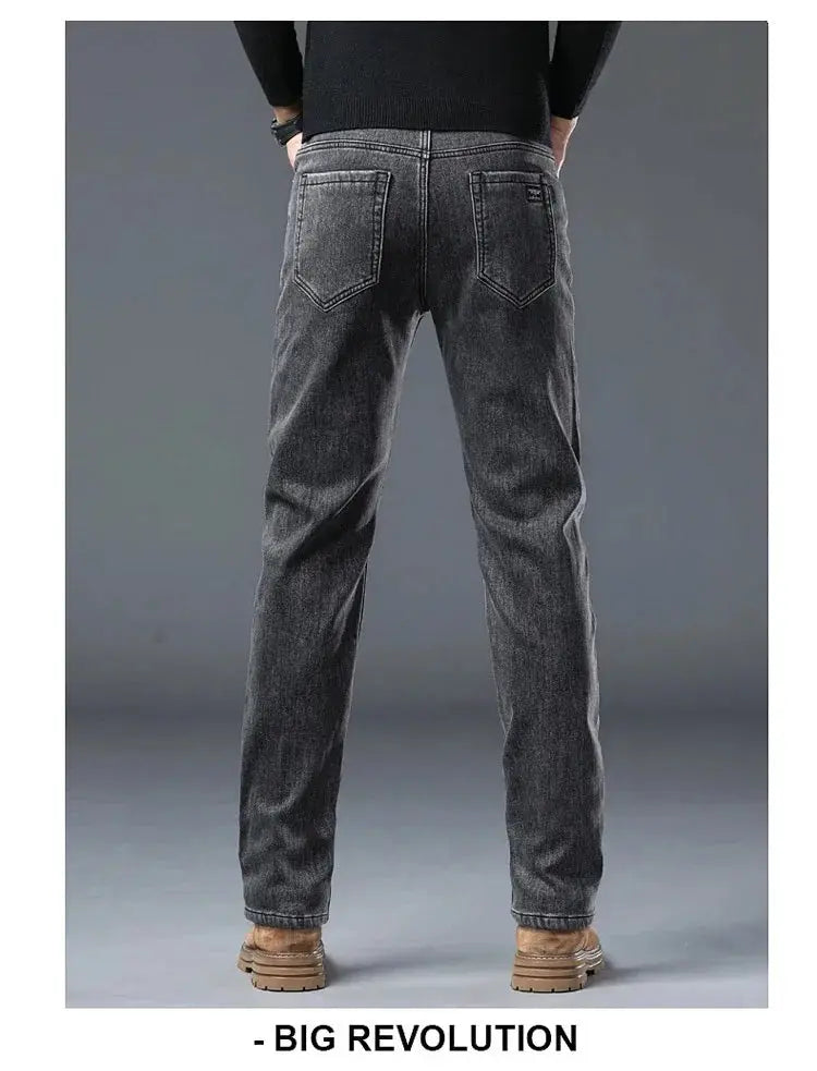 Winter Warm Jeans for Men by Simples Market, slim straight elastic denim in gray wash (back view)