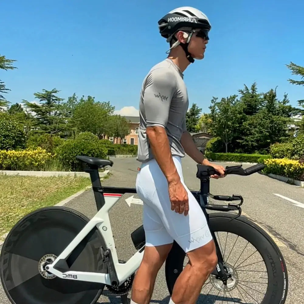 YKYWBIKE cycling bib shorts for men in light gray with sponge-padded chamois.