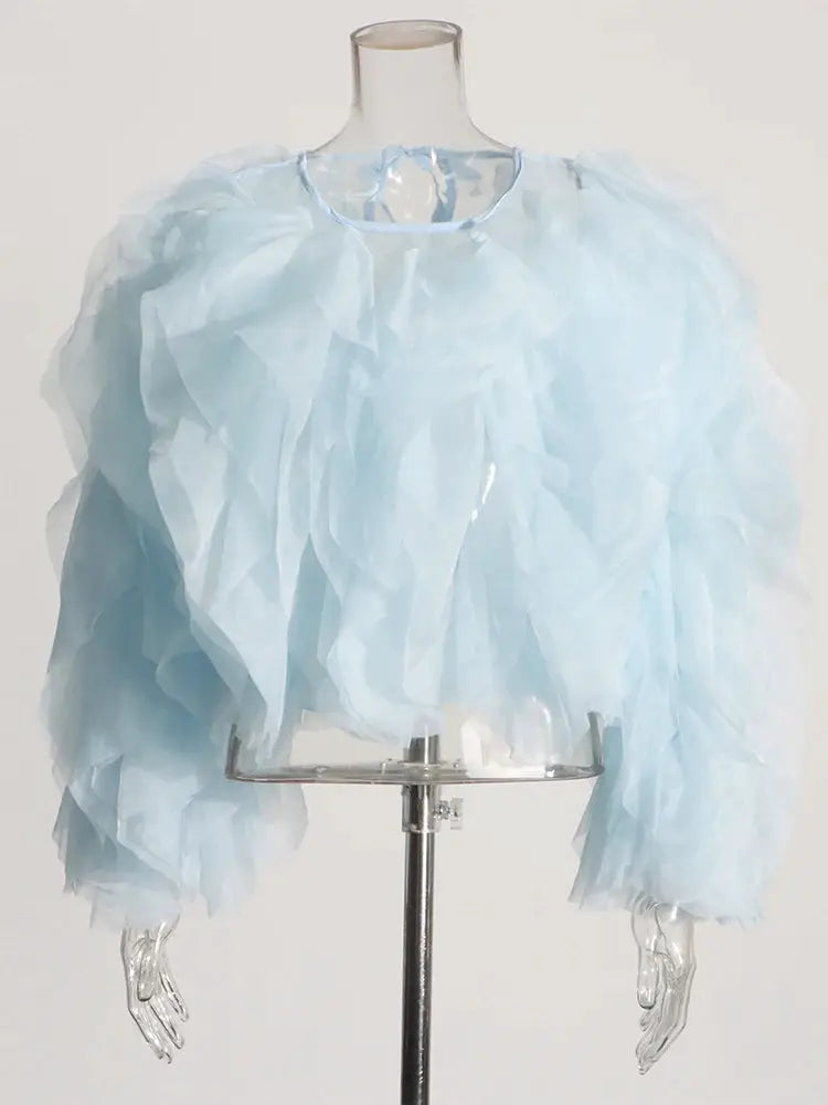 Twotwinstyle Elegant Patchwork Ruffles Chiffon Blouse O Neck Lantern