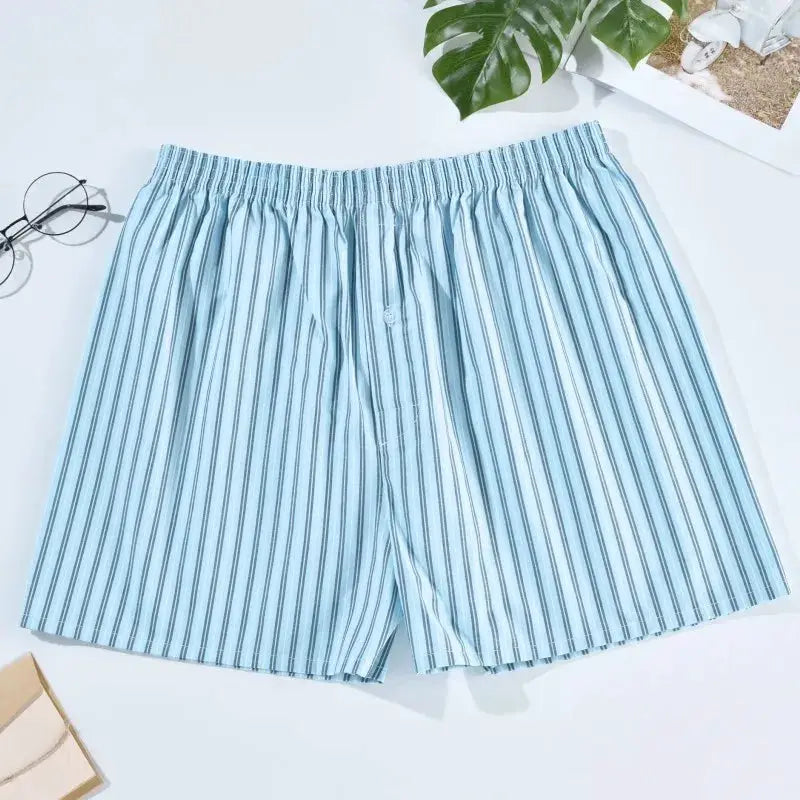 Men's striped light-blue cotton boxers by Simples Market with elastic waistband, casual homewear