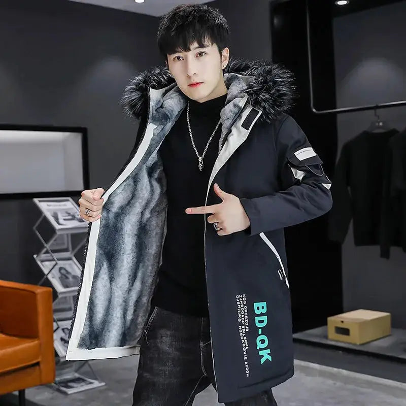 Winter men's long down jacket with fur collar, navy exterior, warm padded coat by Simples Market