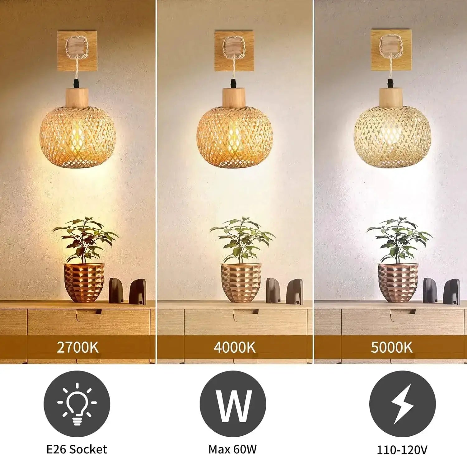 Bamboo lantern wall lamp with hand-woven rattan shade, wall-mounted, E27 socket; shown in 2700K, 4000K and 5000K.