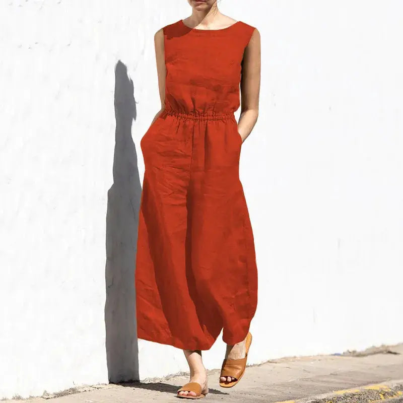 Simples Market Cotton and Linen Jumpsuit for Women, sleeveless, high-waist, wide-leg with pockets, rust red