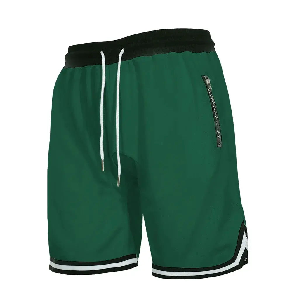 Men's green athletic shorts with white drawstrings, black waistband, zip pocket, and black-white striped hem