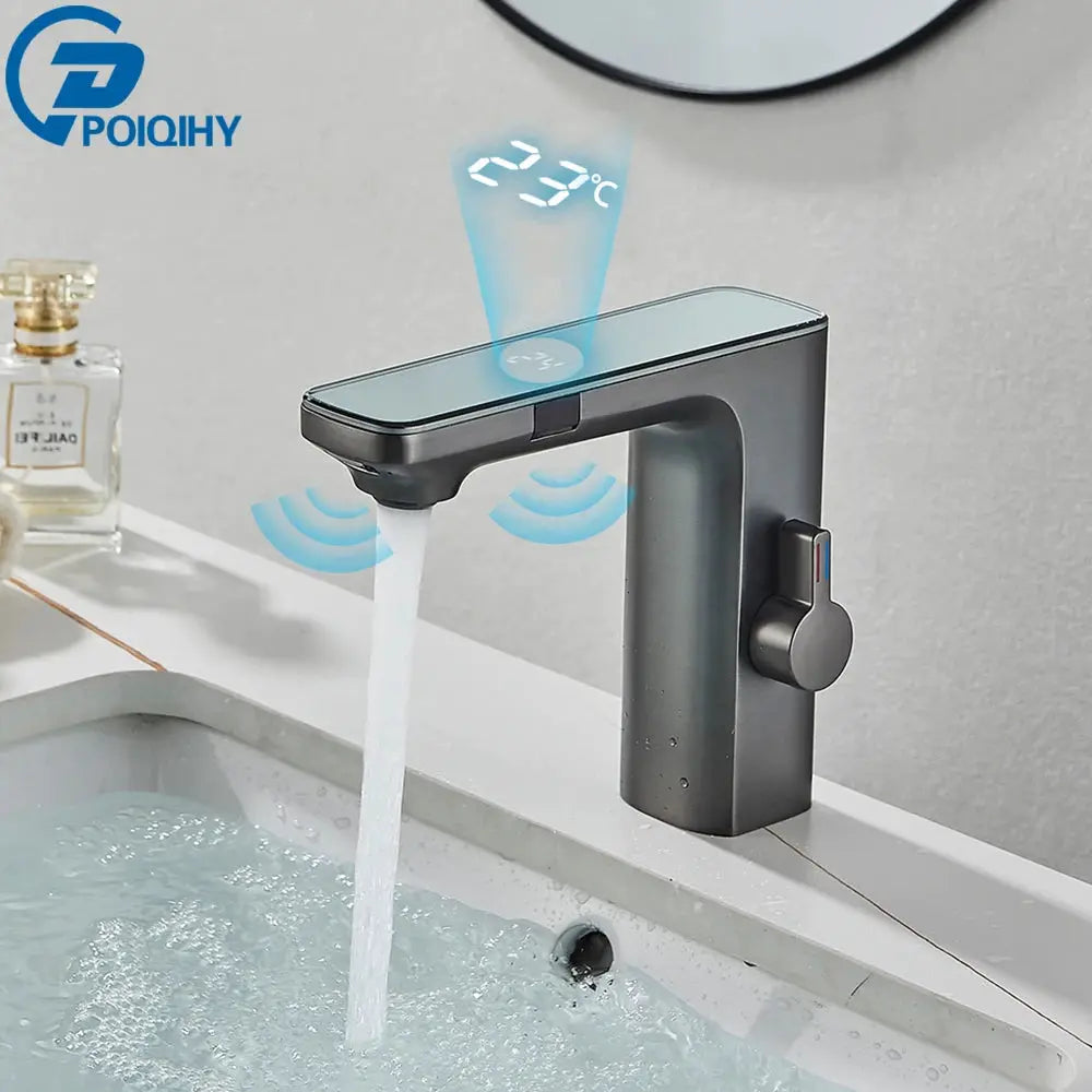 Black smart sensor basin faucet with digital display, touchless hot/cold water mixer for bathroom by Simples Market