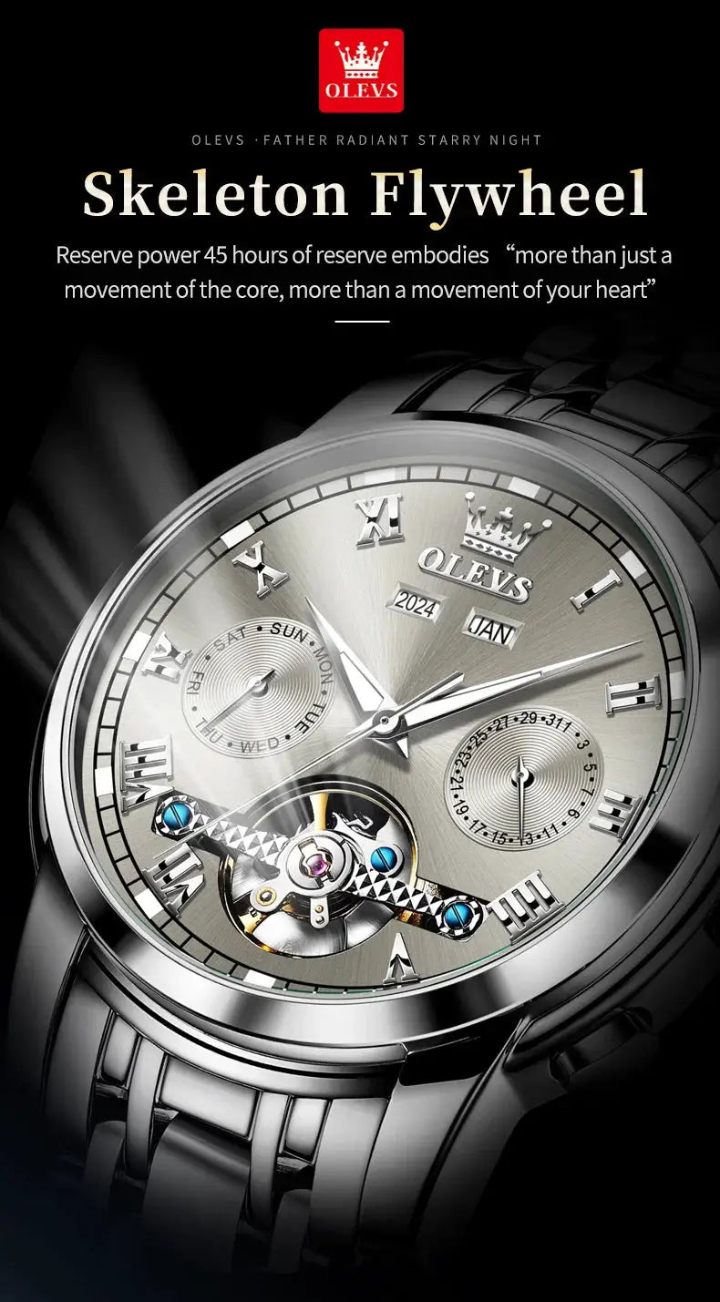 OLEVS men's stainless steel skeleton flywheel automatic watch with dual calendar