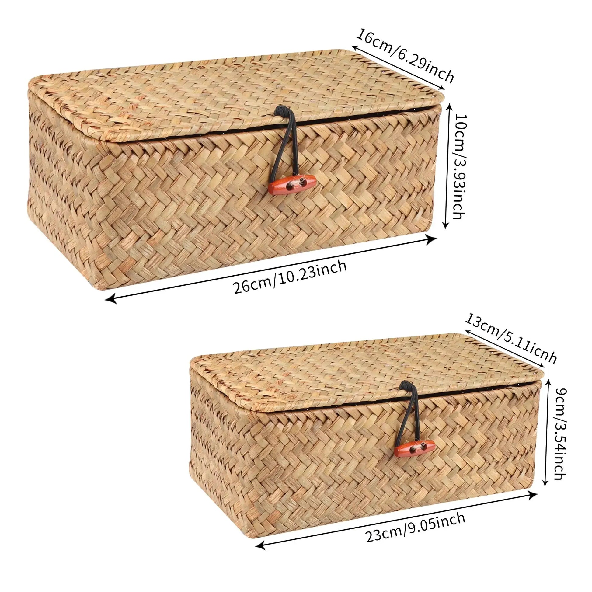 Simples Market storage basket with lid, rectangular handmade seagrass rattan, natural woven makeup organizer.