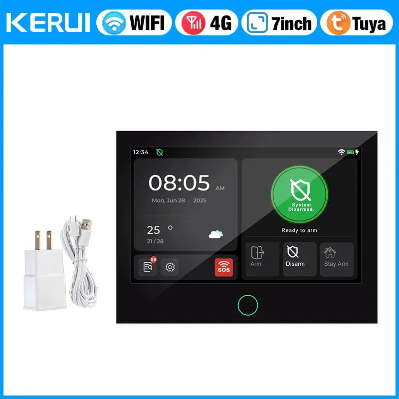 KERUI 7-inch touchscreen home alarm panel with 4G/WiFi Tuya-ready; black 2-item set including charger