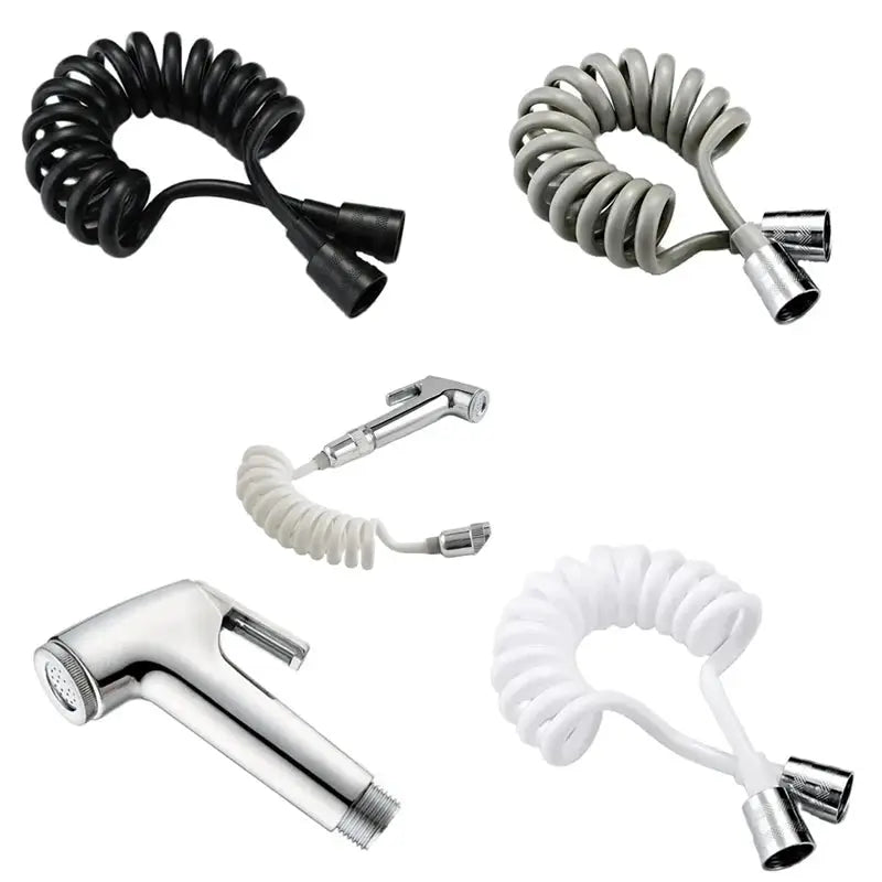 Simples Market handheld bidet sprayer and coiled hose set (5 pieces) in black, gray, and white with chrome fittings