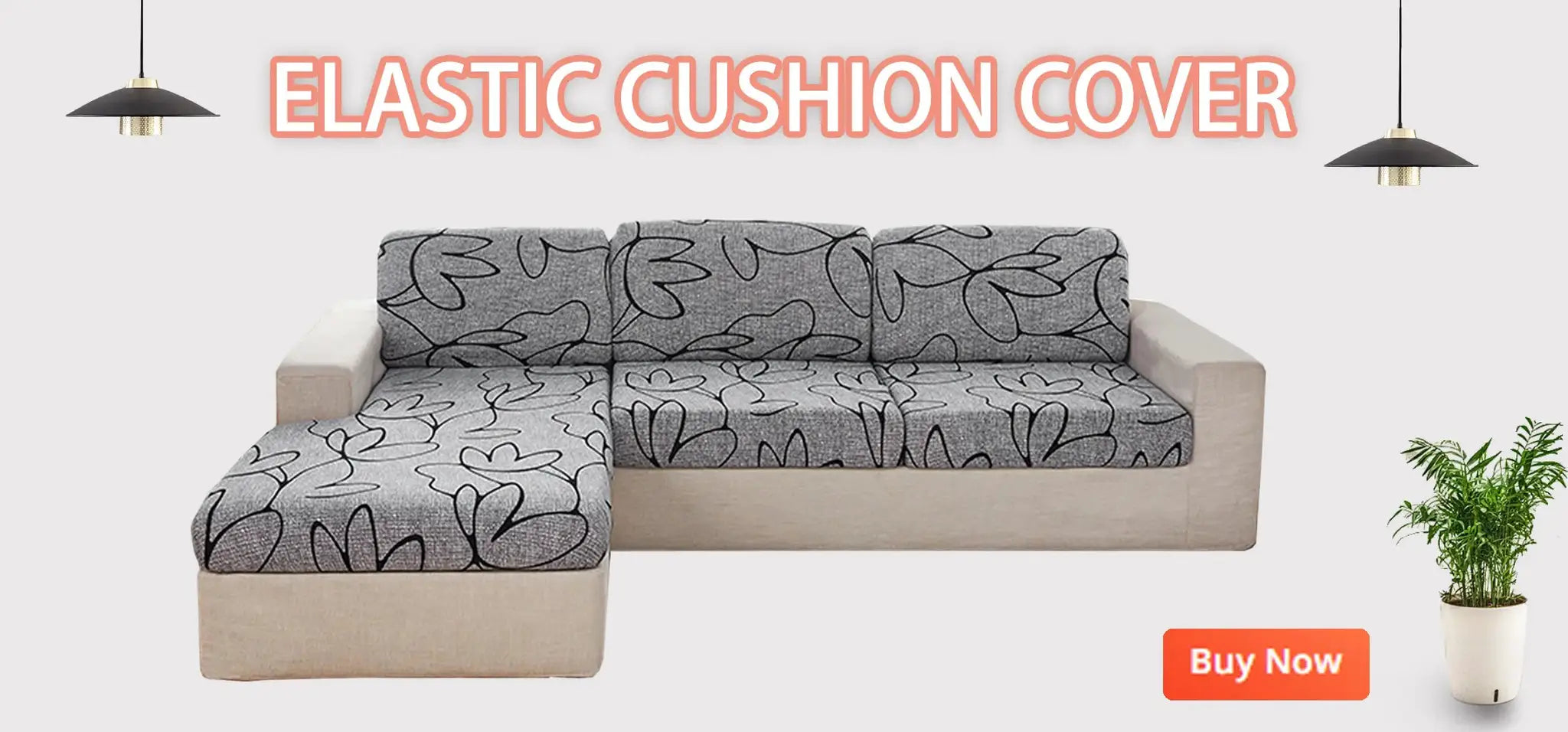 Sofa slipcover in grey with black leaf print for an L-shaped corner sofa, elastic stretch.