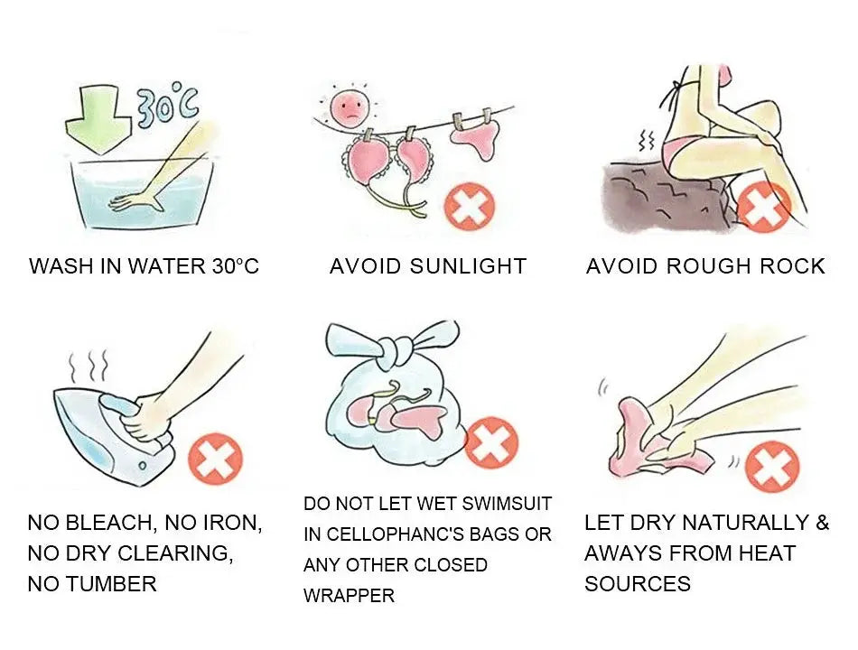 Micro bikini care icons: wash 30°C, avoid sunlight, no tumble dry, no bleach/iron, air dry away from heat.