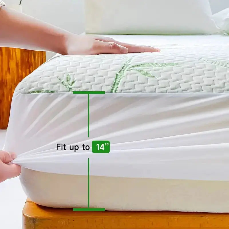 Waterproof bamboo mattress cover, white cooling fitted sheet with 14-inch deep pocket