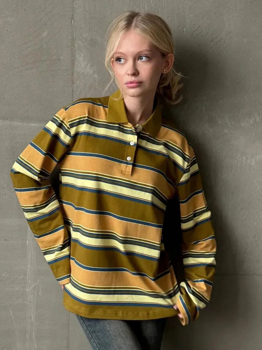 Autumn Striped Contrast Long Sleeve Polo Shirt For Women Button Lapel