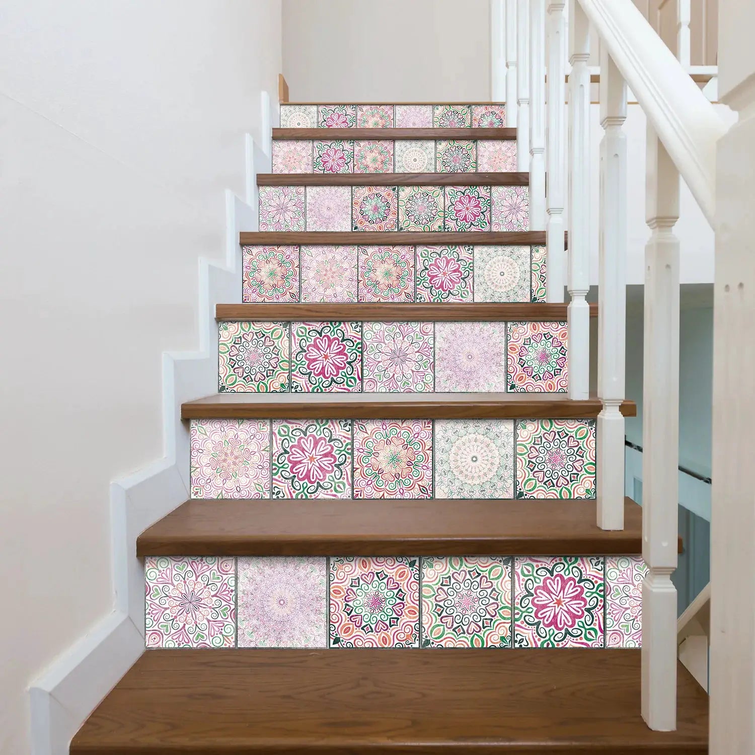Stair tile sticker set, 24pcs, light colors with pink and green mandala patterns, by Simples Market