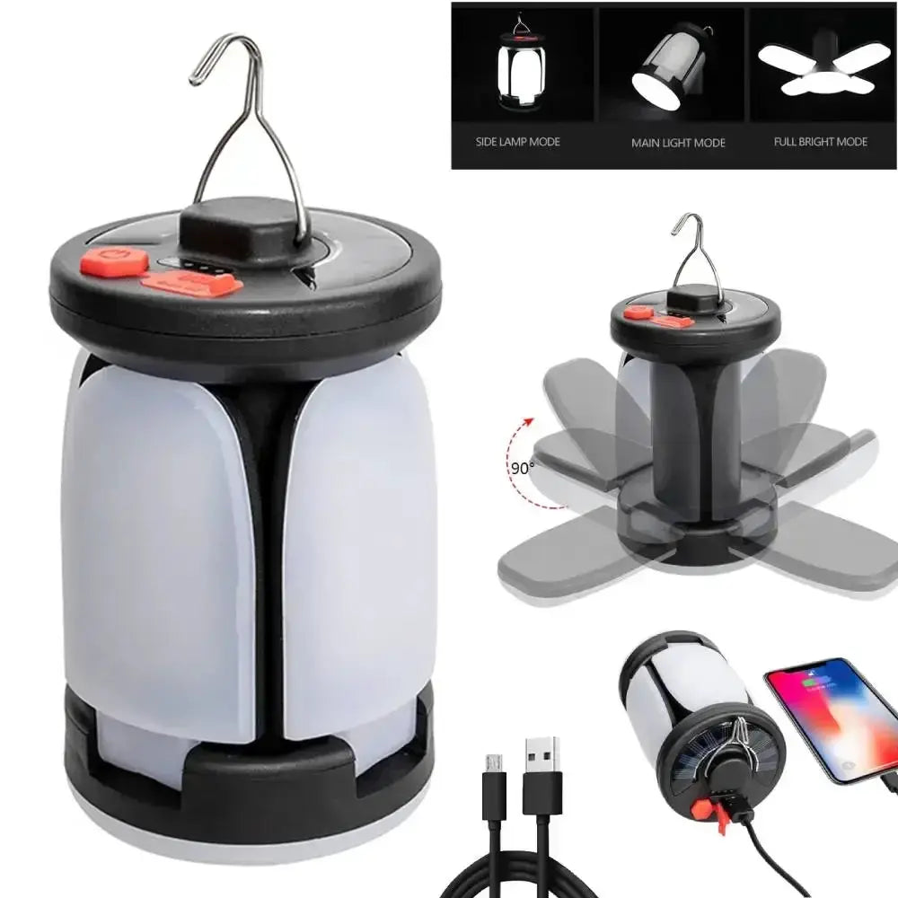 Simples Market LED camping lantern with hanging hook, white body, USB rechargeable and solar powered