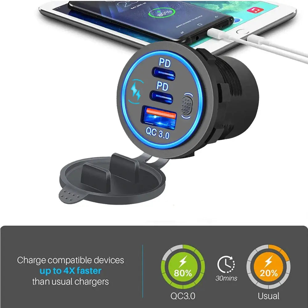Velev 78W PD3.0 QC3.0 Dual USB C Ports Car Charger Socket Waterproof With LED Touch Switch 12V/24V For Moto