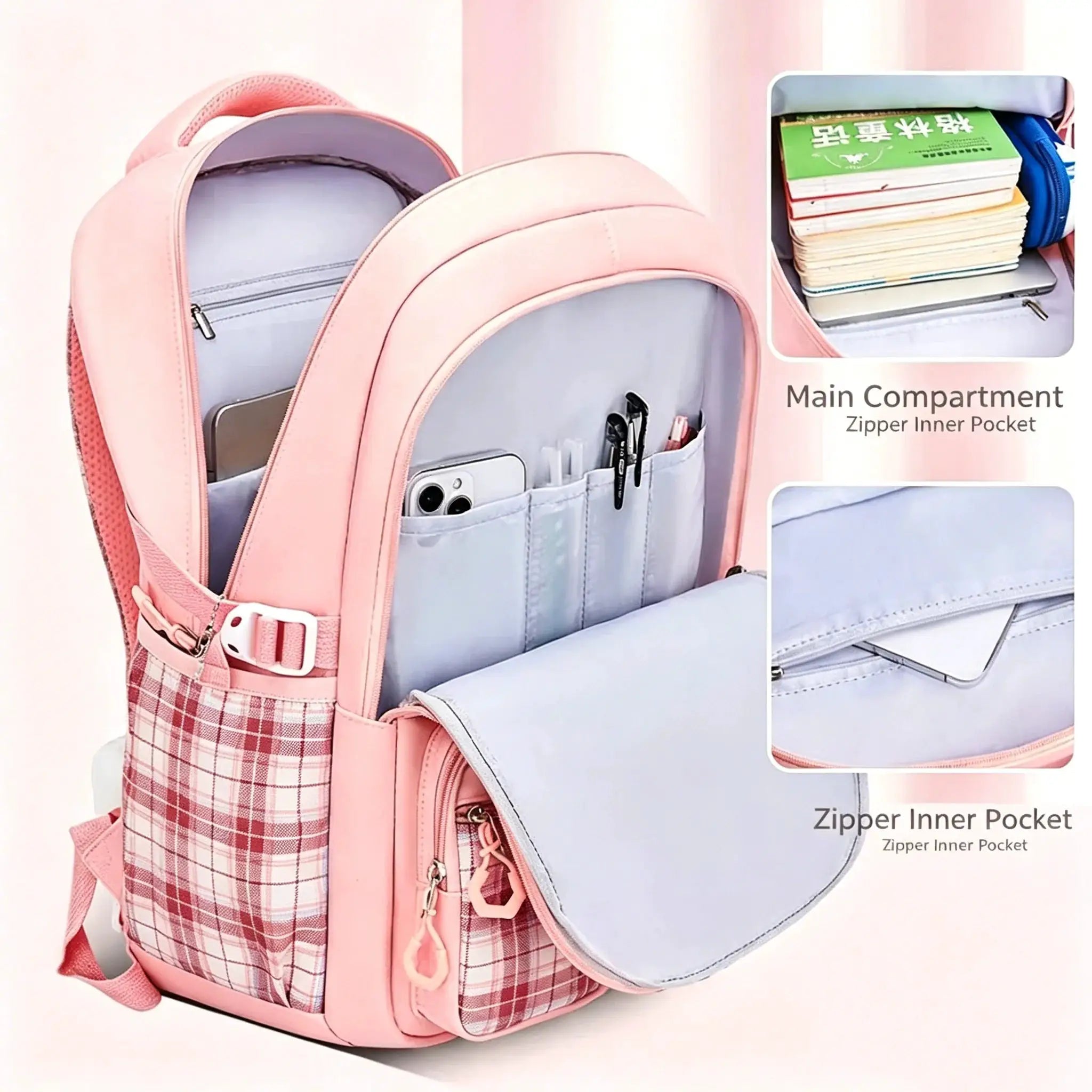 Pink girls' elementary school backpack with checkered accents, large capacity, ergonomic spine support