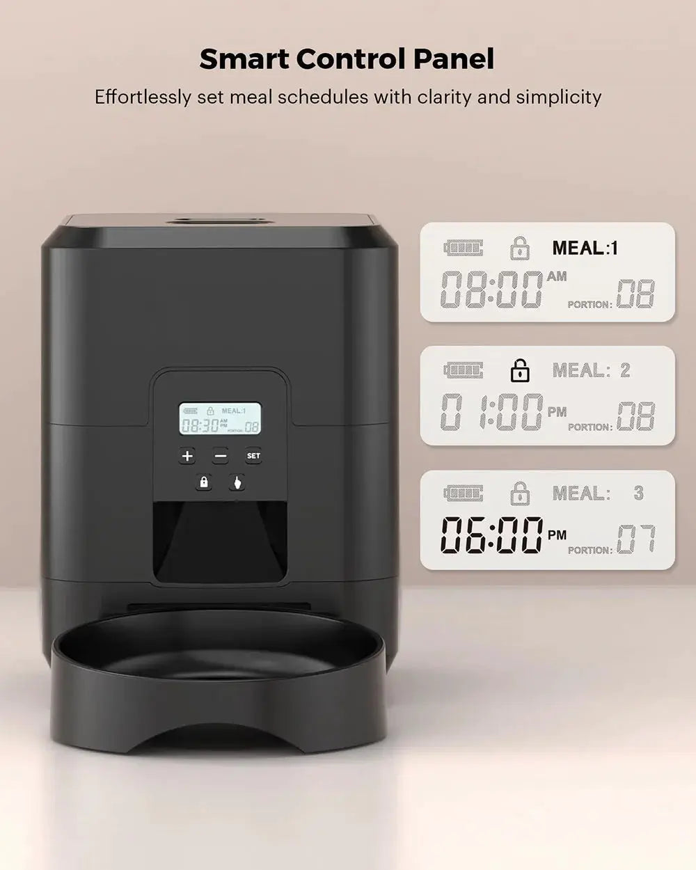Simples Market Smart Pet Feeder automatic cat and dog food dispenser with timer, black compact body and detachable bowl