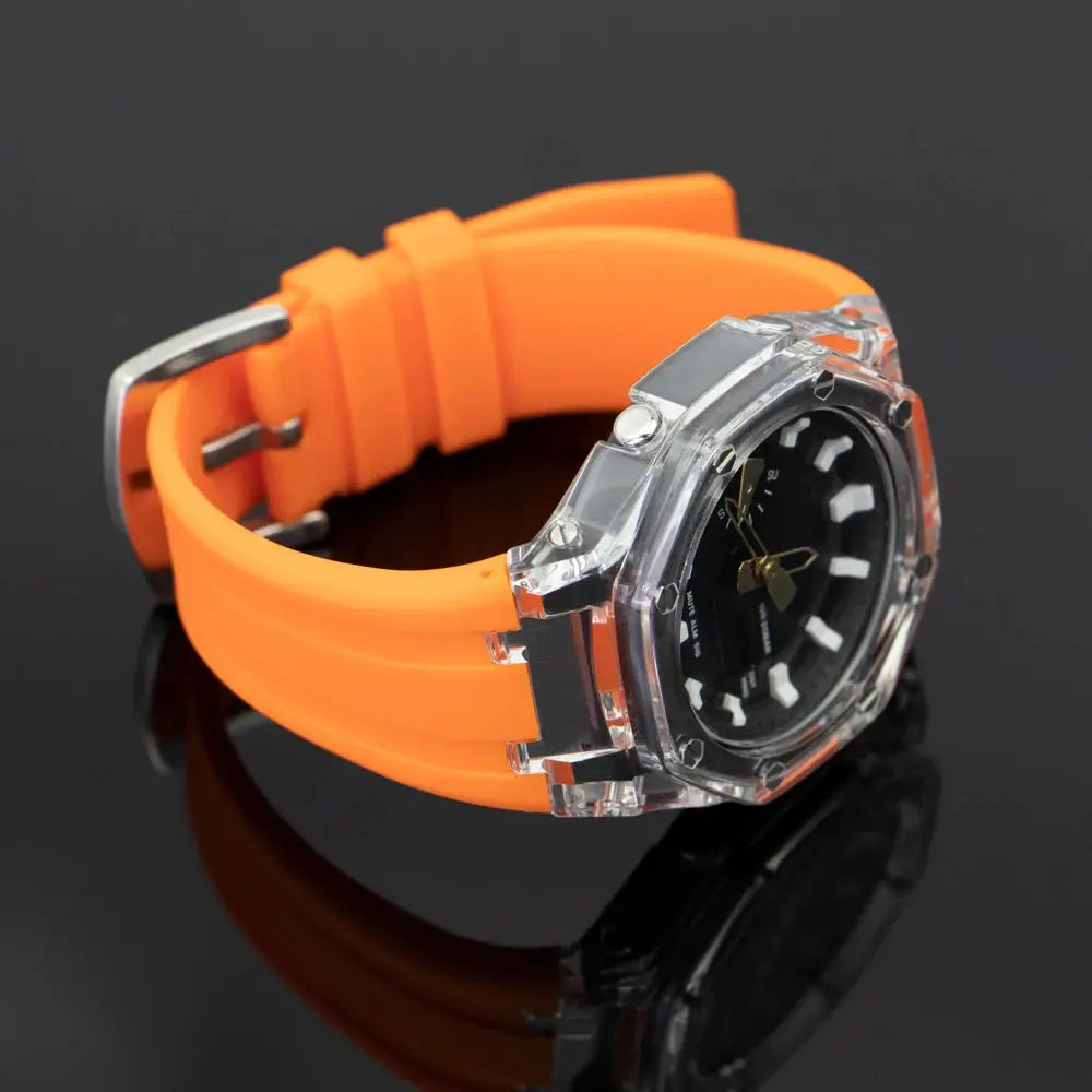 Transparent mod kit with orange rubber strap for Casioak GA2100 GA2110 watches