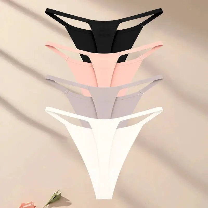 4-piece seamless ultra-thin thong underwear set for women in black, pink, lavender, and white by Simples Market