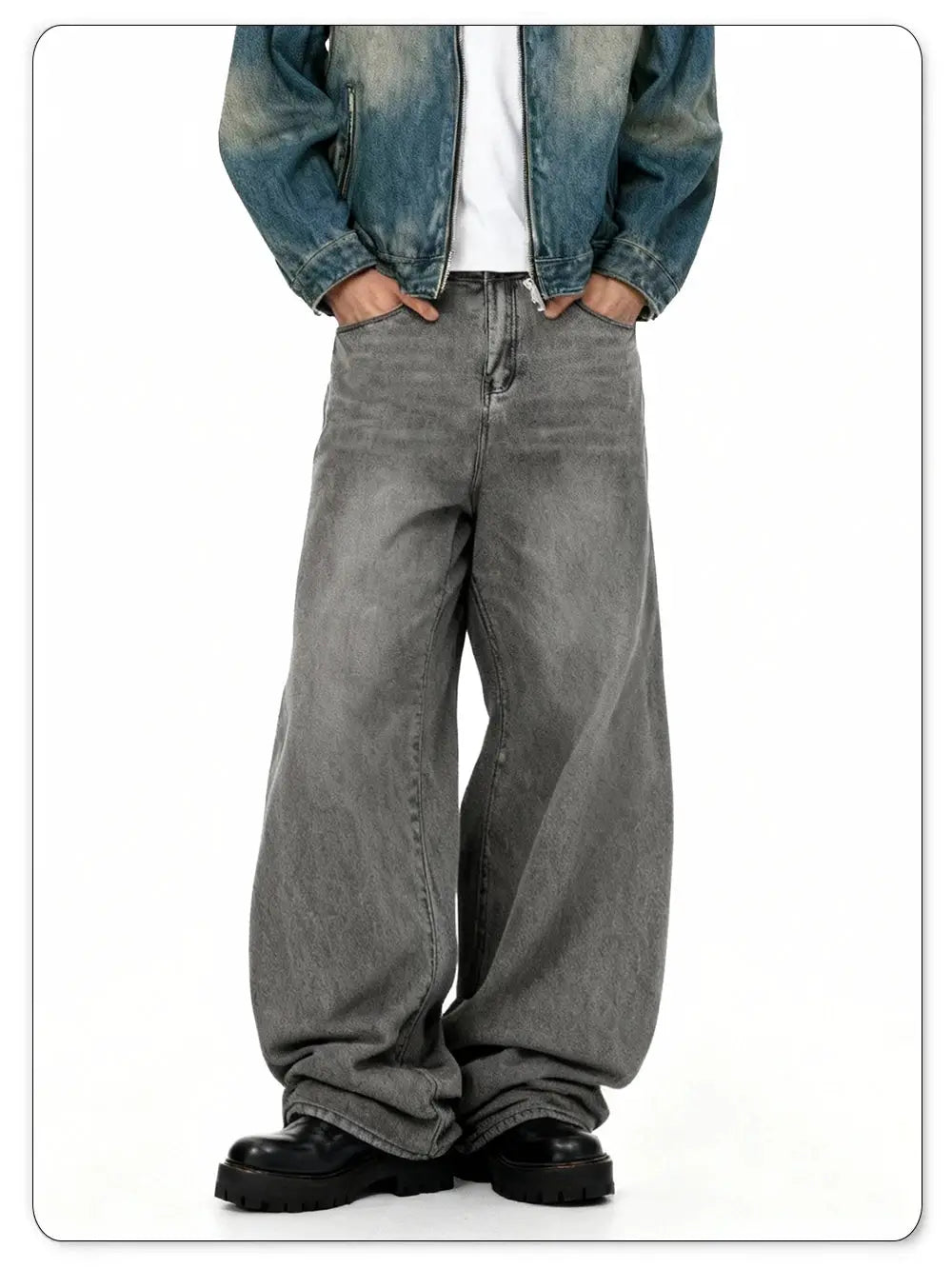 Men's gray denim jeans with blue denim jacket, casual streetwear style